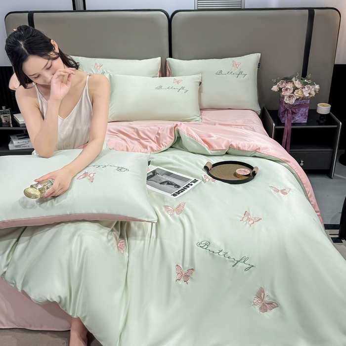 91家纺网 家纺一手货源 找家纺 乐沐家纺 2025春夏新款水洗真丝绣花冰丝四件套 蝴蝶-清香绿