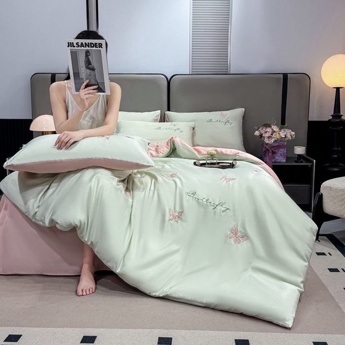 91家纺网 家纺一手货源 找家纺 乐沐家纺 2025春夏新款水洗真丝绣花冰丝四件套 蝴蝶-清香绿