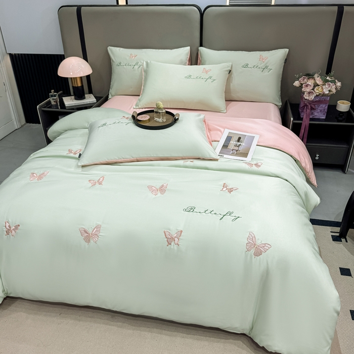 91家纺网 家纺一手货源 找家纺 乐沐家纺 2025春夏新款水洗真丝绣花冰丝四件套 蝴蝶-清香绿