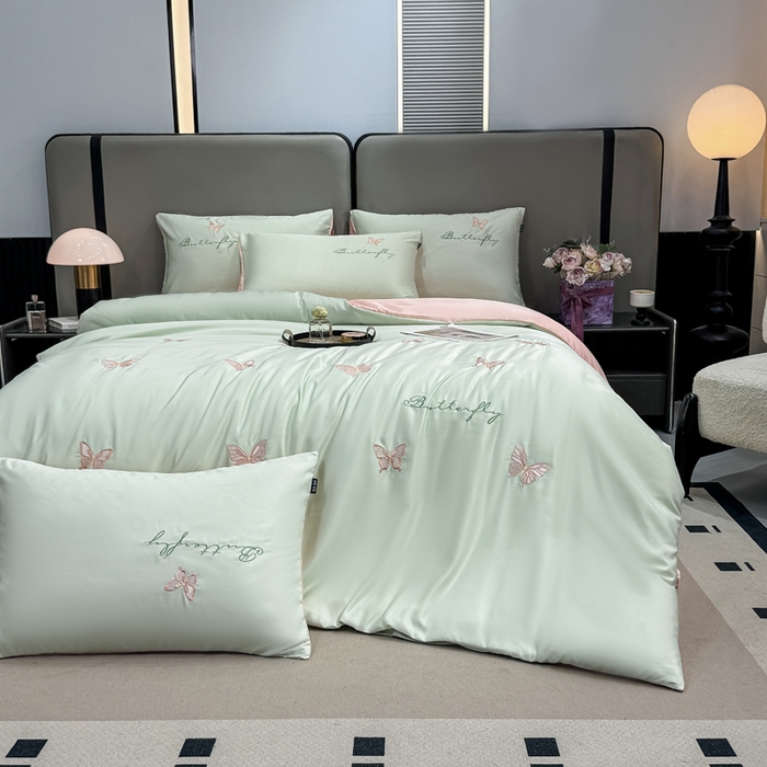 91家纺网 家纺一手货源 找家纺 乐沐家纺 2025春夏新款水洗真丝绣花冰丝四件套 蝴蝶-清香绿