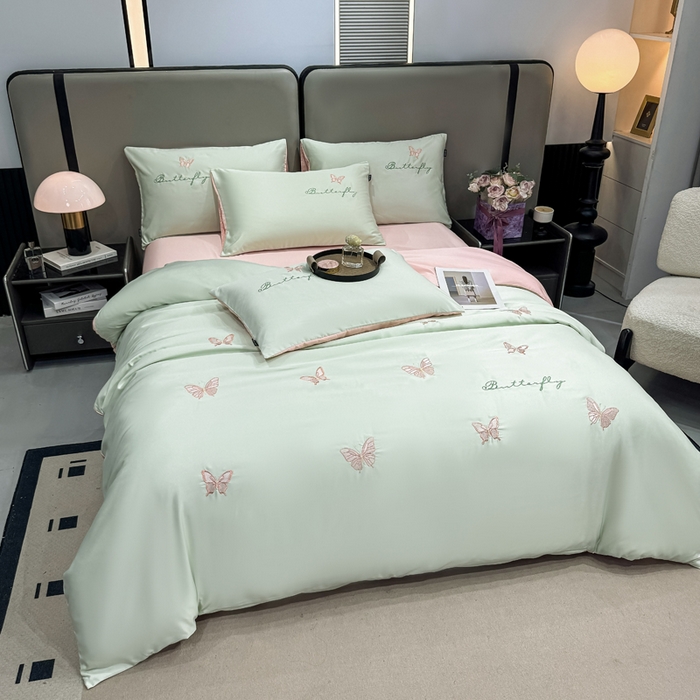 91家纺网 家纺一手货源 找家纺 乐沐家纺 2025春夏新款水洗真丝绣花冰丝四件套 蝴蝶-清香绿