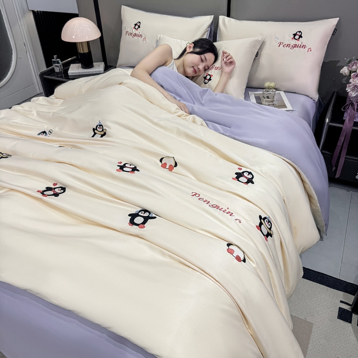 乐沐家纺 2025春夏新款水洗真丝绣花冰丝四件套 企鹅-奶白紫