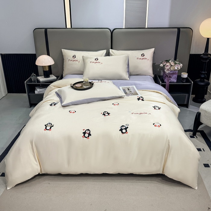 91家纺网 家纺一手货源 找家纺 乐沐家纺 2025春夏新款水洗真丝绣花冰丝四件套 企鹅-奶白紫