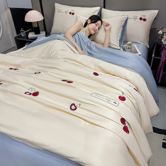 乐沐家纺 2025春夏新款水洗真丝绣花冰丝四件套 樱桃-奶白蓝