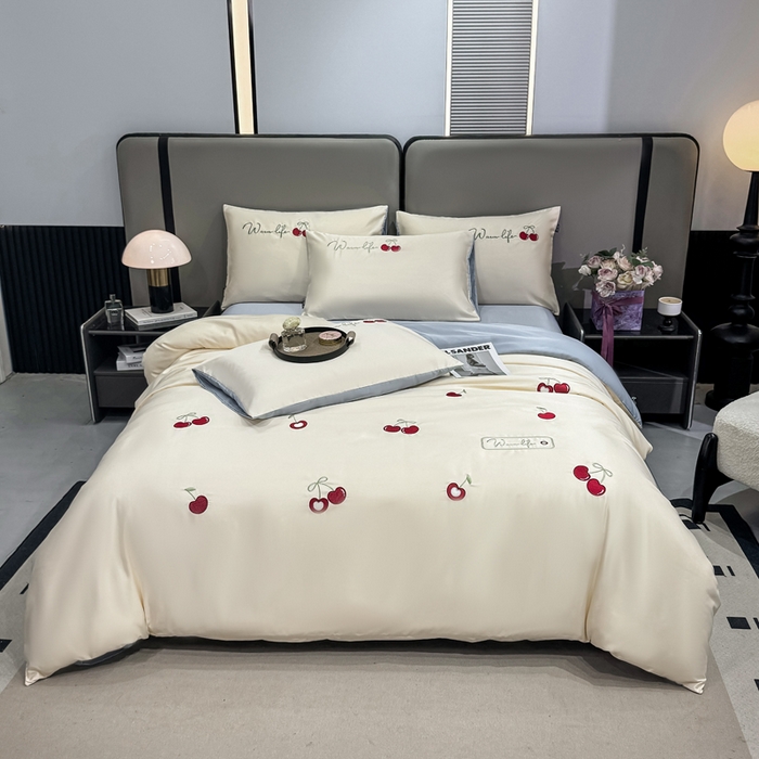 91家纺网 家纺一手货源 找家纺 乐沐家纺 2025春夏新款水洗真丝绣花冰丝四件套 樱桃-奶白蓝