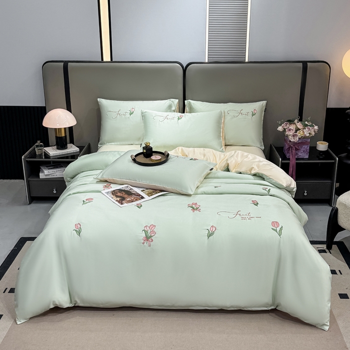 91家纺网 家纺一手货源 找家纺 乐沐家纺 2025春夏新款水洗真丝绣花冰丝四件套 郁金香-清香绿