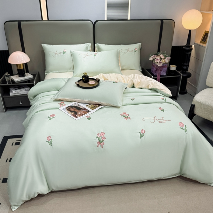 91家纺网 家纺一手货源 找家纺 乐沐家纺 2025春夏新款水洗真丝绣花冰丝四件套 郁金香-清香绿