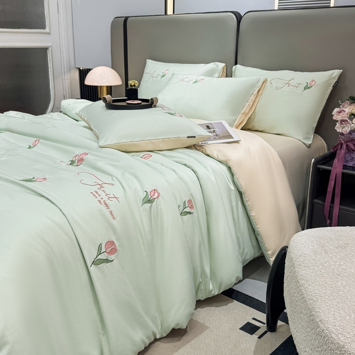 91家纺网 家纺一手货源 找家纺 乐沐家纺 2025春夏新款水洗真丝绣花冰丝四件套 郁金香-清香绿