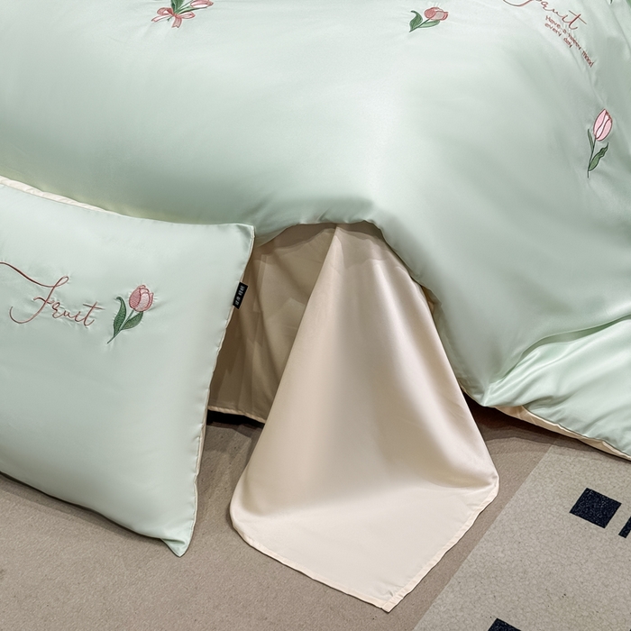 91家纺网 家纺一手货源 找家纺 乐沐家纺 2025春夏新款水洗真丝绣花冰丝四件套 郁金香-清香绿