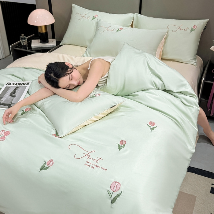 91家纺网 家纺一手货源 找家纺 乐沐家纺 2025春夏新款水洗真丝绣花冰丝四件套 郁金香-清香绿