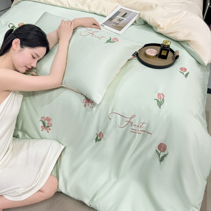 91家纺网 家纺一手货源 找家纺 乐沐家纺 2025春夏新款水洗真丝绣花冰丝四件套 郁金香-清香绿