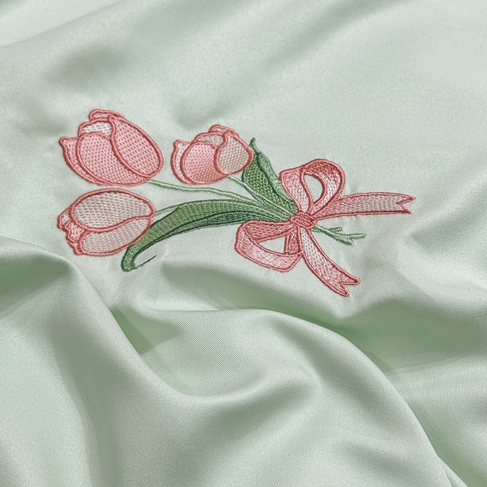 91家纺网 家纺一手货源 找家纺 乐沐家纺 2025春夏新款水洗真丝绣花冰丝四件套 郁金香-清香绿