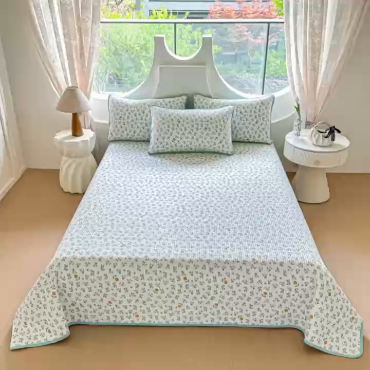 91家纺网 家纺一手货源 找家纺 橘夏家纺 2025新款多功能全棉双面床盖三件套纯棉夹棉加厚床单床垫盖毯 盛开