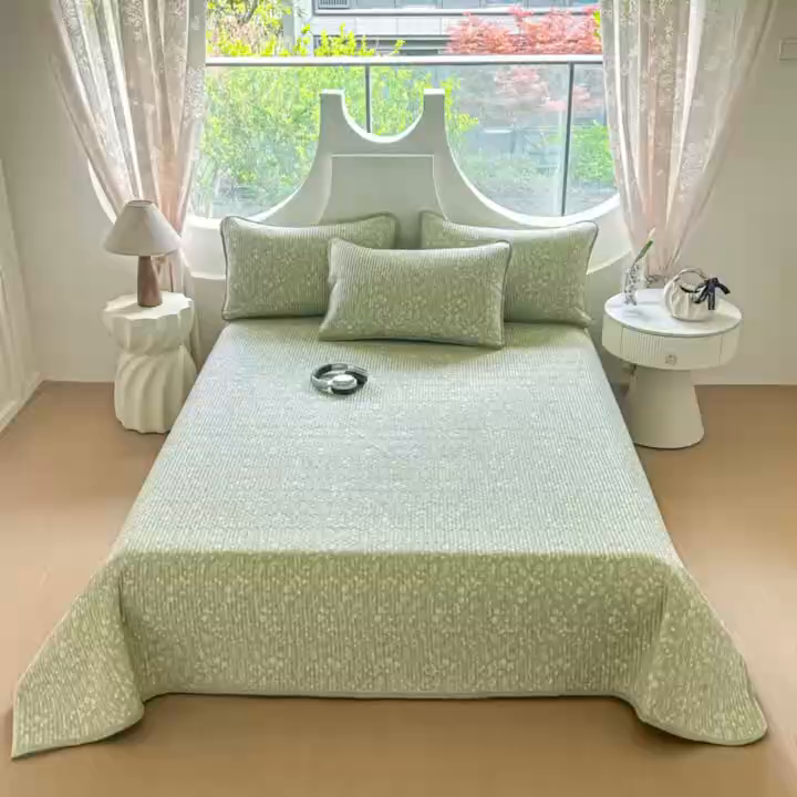 91家纺网 家纺一手货源 找家纺 橘夏家纺 2025新款多功能全棉双面床盖三件套纯棉夹棉加厚床单床垫盖毯 悠然绿