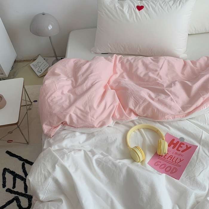 91家纺网 家纺一手货源 找家纺 柚可家居 2024新款40支全棉色织水洗棉单品系列-单被套 白拼白桃粉