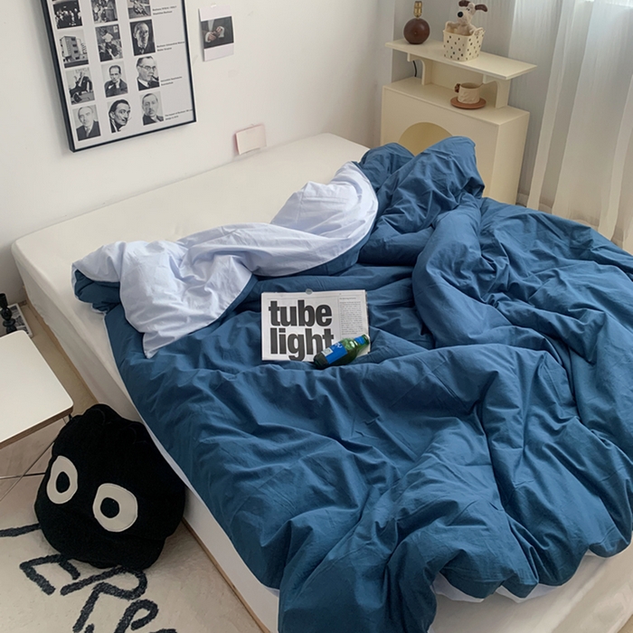 91家纺网 家纺一手货源 找家纺 柚可家居 2024新款40支全棉色织水洗棉单品系列-单被套 淡蓝拼深蓝