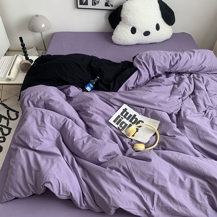 91家纺网 家纺一手货源 找家纺 柚可家居 2024新款40支全棉色织水洗棉单品系列-单被套 黑拼香芋紫