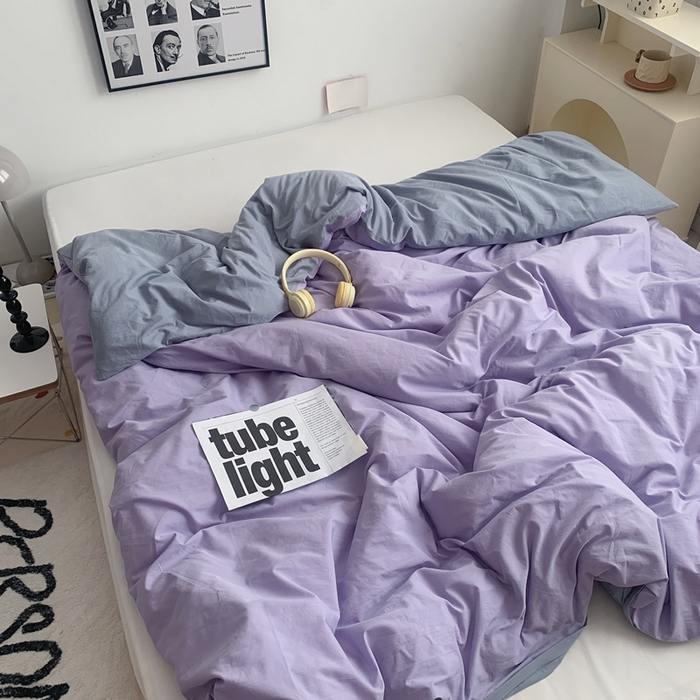 91家纺网 家纺一手货源 找家纺 柚可家居 2024新款40支全棉色织水洗棉单品系列-单被套 香芋紫拼蓝灰