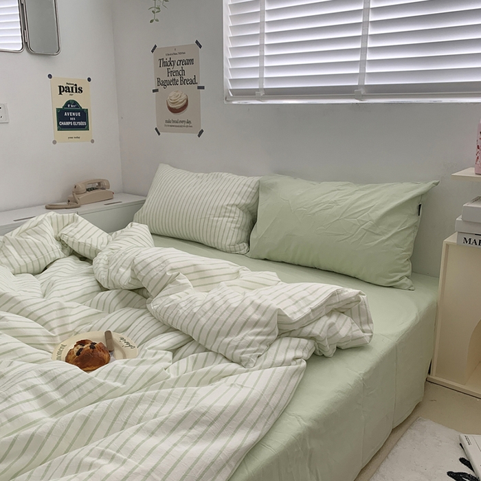 91家纺网 家纺一手货源 找家纺 柚可家居 2024新款40支全棉色织水洗棉单品系列-四件套 绿竖条纹