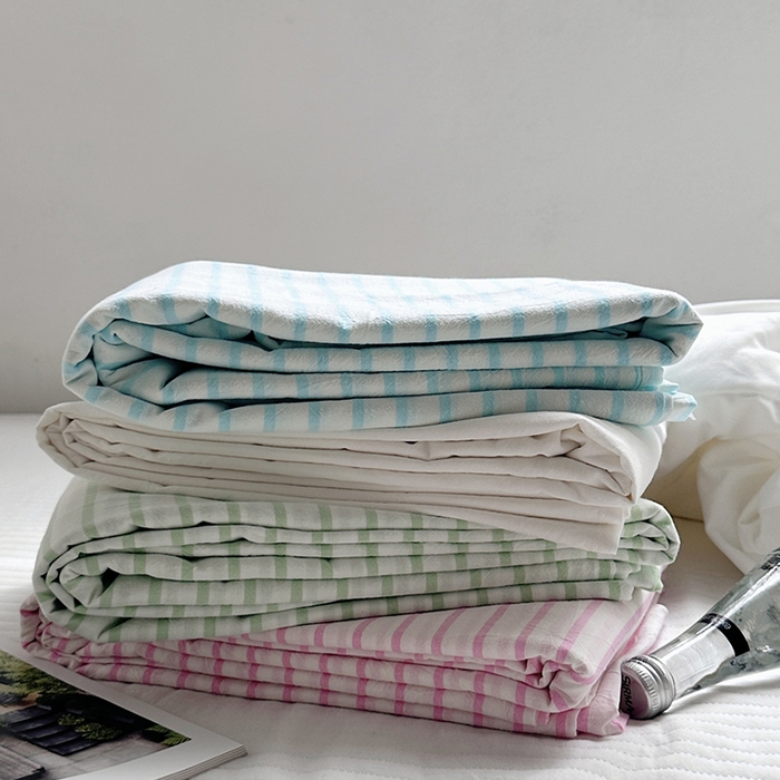 91家纺网 家纺一手货源 找家纺 柚可家居 2024新款40支全棉色织水洗棉单品系列-单床单 果绿条纹