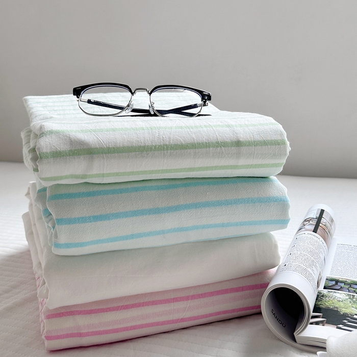 91家纺网 家纺一手货源 找家纺 柚可家居 2024新款40支全棉色织水洗棉单品系列-单床单 果绿条纹