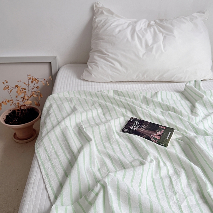 91家纺网 家纺一手货源 找家纺 柚可家居 2024新款40支全棉色织水洗棉单品系列-单床单 果绿条纹