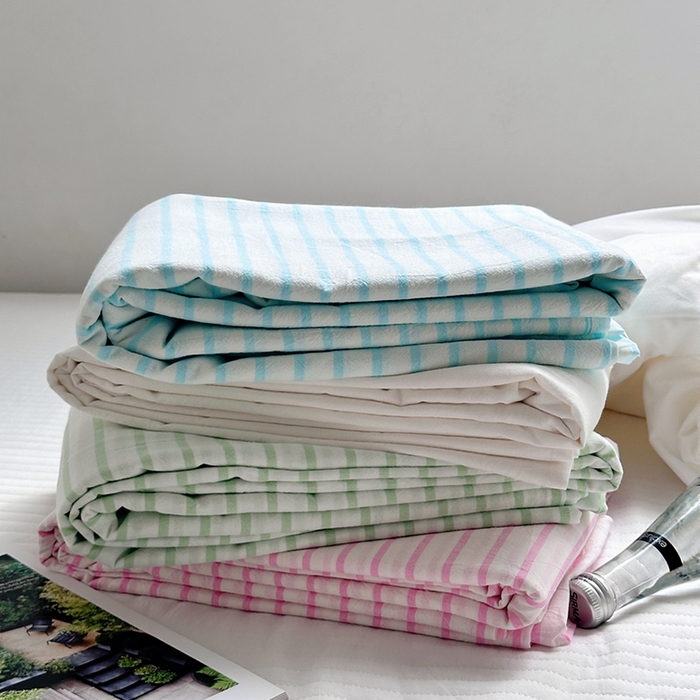 91家纺网 家纺一手货源 找家纺 柚可家居 2024新款40支全棉色织水洗棉单品系列-单床单 蓝条纹