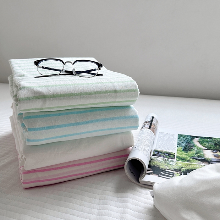 91家纺网 家纺一手货源 找家纺 柚可家居 2024新款40支全棉色织水洗棉单品系列-单床单 蓝条纹