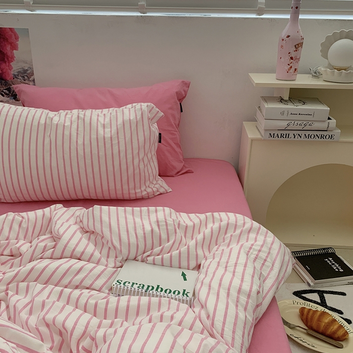 91家纺网 家纺一手货源 找家纺 柚可家居 2024新款40支全棉色织水洗棉单品系列-四件套 红竖条