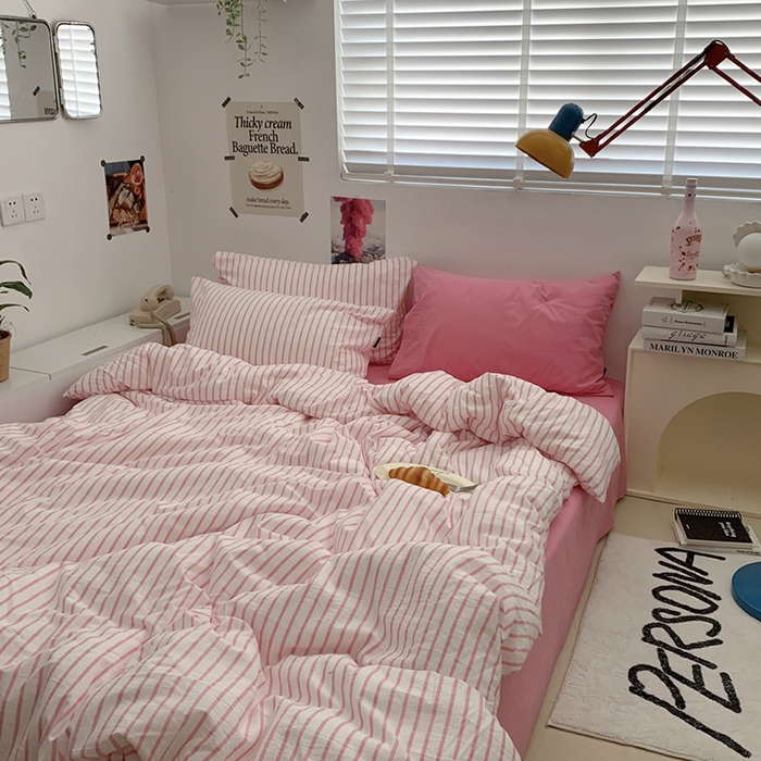 91家纺网 家纺一手货源 找家纺 柚可家居 2024新款40支全棉色织水洗棉单品系列-四件套 红竖条