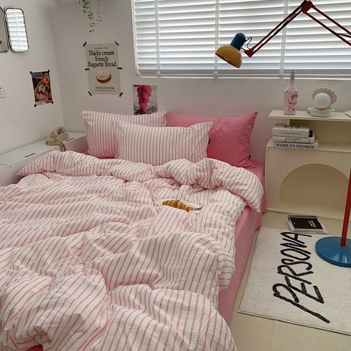 91家纺网 家纺一手货源 找家纺 柚可家居 2024新款40支全棉色织水洗棉单品系列-四件套 红竖条