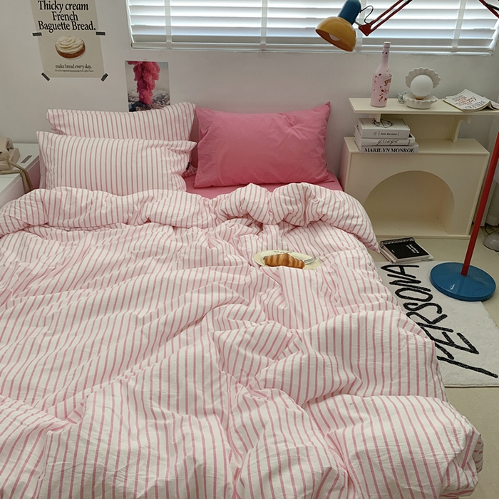 91家纺网 家纺一手货源 找家纺 柚可家居 2024新款40支全棉色织水洗棉单品系列-四件套 红竖条