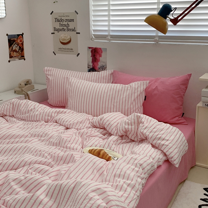 91家纺网 家纺一手货源 找家纺 柚可家居 2024新款40支全棉色织水洗棉单品系列-四件套 红竖条