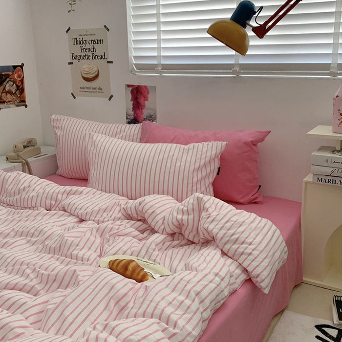 91家纺网 家纺一手货源 找家纺 柚可家居 2024新款40支全棉色织水洗棉单品系列-四件套 红竖条