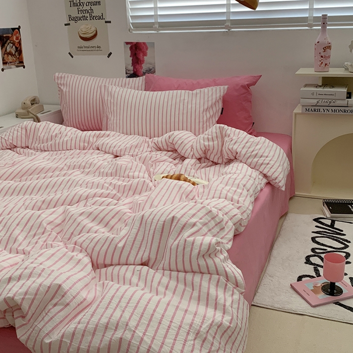 91家纺网 家纺一手货源 找家纺 柚可家居 2024新款40支全棉色织水洗棉单品系列-四件套 红竖条