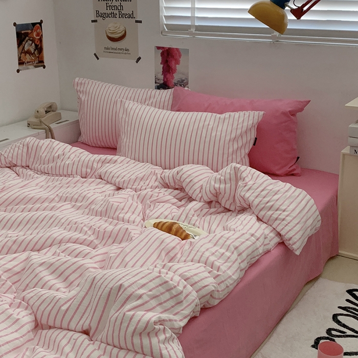 91家纺网 家纺一手货源 找家纺 柚可家居 2024新款40支全棉色织水洗棉单品系列-四件套 红竖条