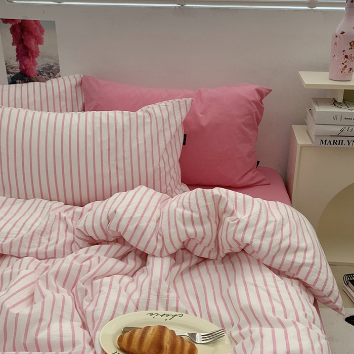 91家纺网 家纺一手货源 找家纺 柚可家居 2024新款40支全棉色织水洗棉单品系列-四件套 红竖条