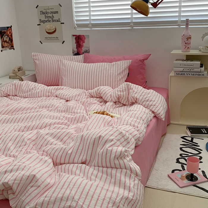 91家纺网 家纺一手货源 找家纺 柚可家居 2024新款40支全棉色织水洗棉单品系列-四件套 红竖条