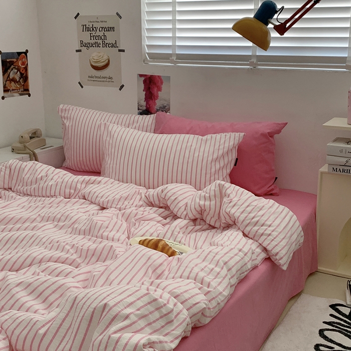 91家纺网 家纺一手货源 找家纺 柚可家居 2024新款40支全棉色织水洗棉单品系列-四件套 红竖条