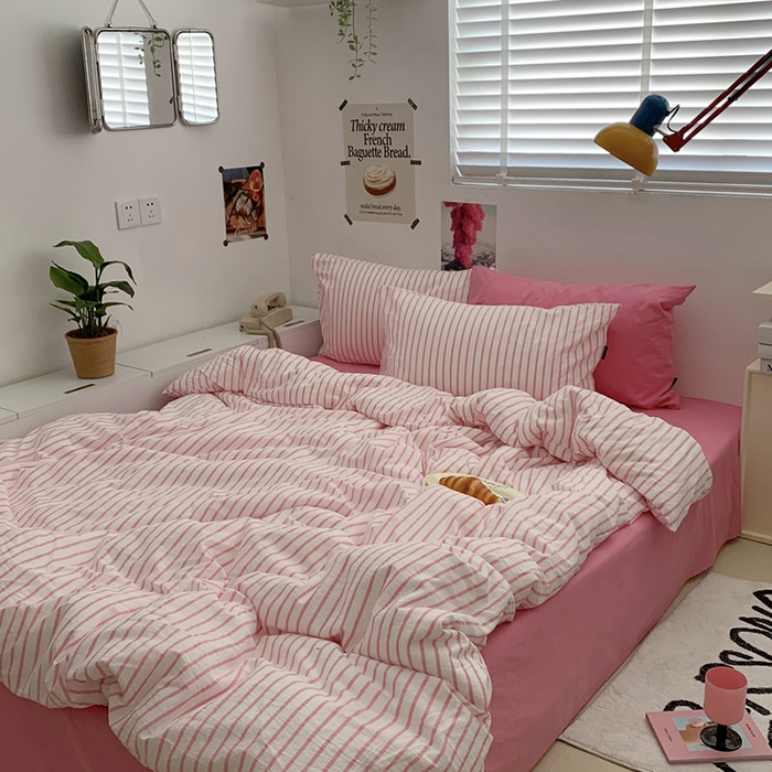 91家纺网 家纺一手货源 找家纺 柚可家居 2024新款40支全棉色织水洗棉单品系列-四件套 红竖条