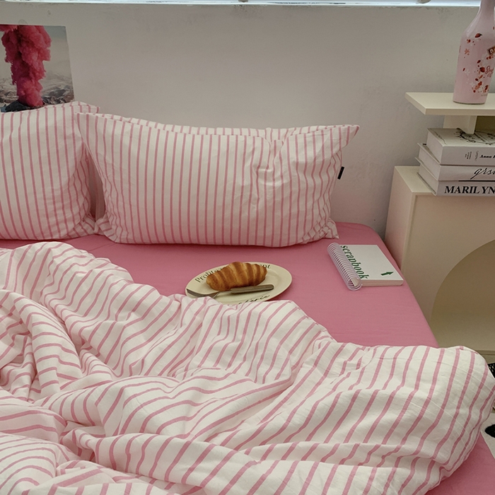 91家纺网 家纺一手货源 找家纺 柚可家居 2024新款40支全棉色织水洗棉单品系列-四件套 红竖条