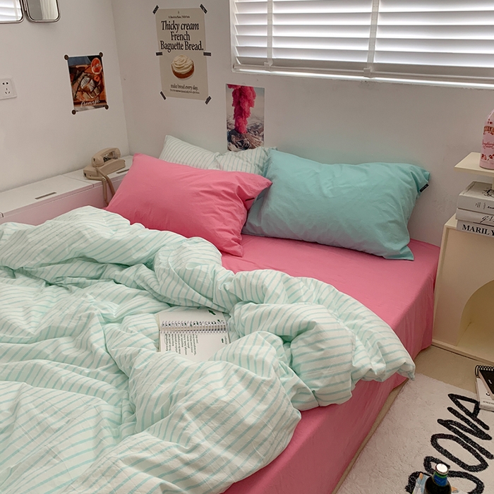 柚可家居 2024新款40支全棉色织水洗棉单品系列-四件套 蓝竖条纹+红