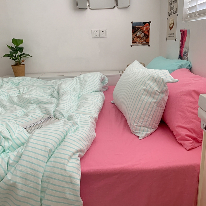 91家纺网 家纺一手货源 找家纺 柚可家居 2024新款40支全棉色织水洗棉单品系列-四件套 蓝竖条纹+红