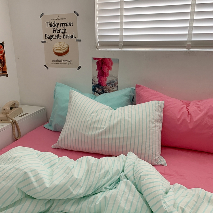 91家纺网 家纺一手货源 找家纺 柚可家居 2024新款40支全棉色织水洗棉单品系列-四件套 蓝竖条纹+红