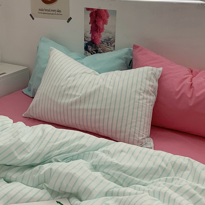 91家纺网 家纺一手货源 找家纺 柚可家居 2024新款40支全棉色织水洗棉单品系列-四件套 蓝竖条纹+红