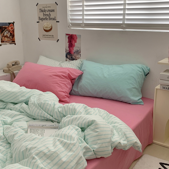 91家纺网 家纺一手货源 找家纺 柚可家居 2024新款40支全棉色织水洗棉单品系列-四件套 蓝竖条纹+红