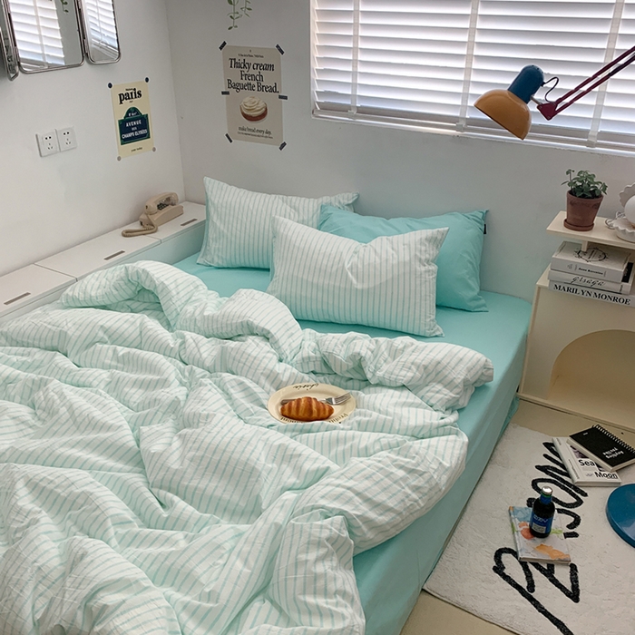 柚可家居 2024新款40支全棉色织水洗棉单品系列-四件套 蓝竖条