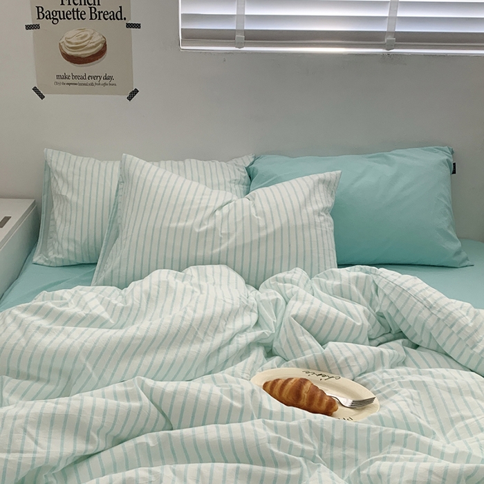 91家纺网 家纺一手货源 找家纺 柚可家居 2024新款40支全棉色织水洗棉单品系列-四件套 蓝竖条