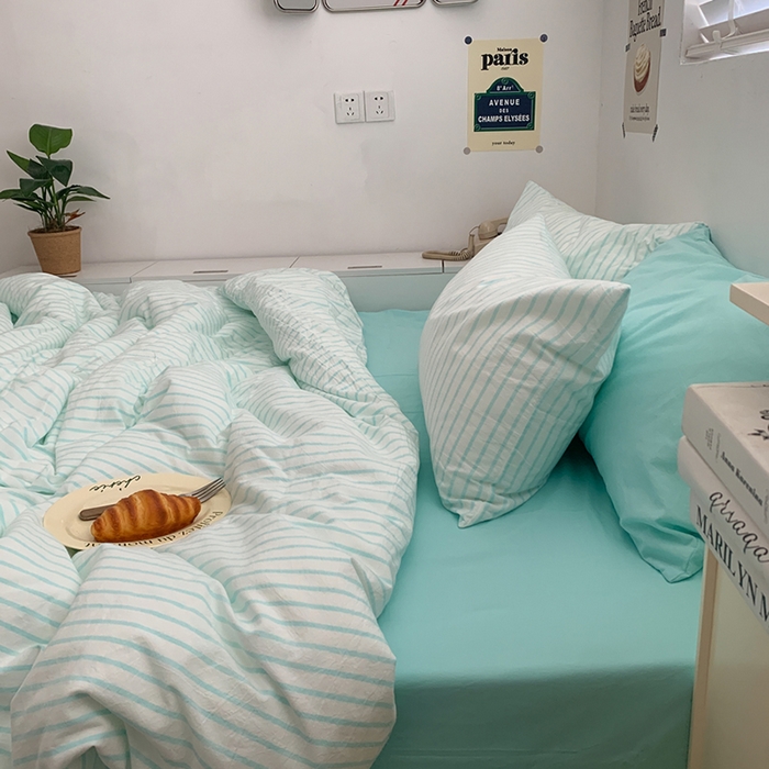 91家纺网 家纺一手货源 找家纺 柚可家居 2024新款40支全棉色织水洗棉单品系列-四件套 蓝竖条