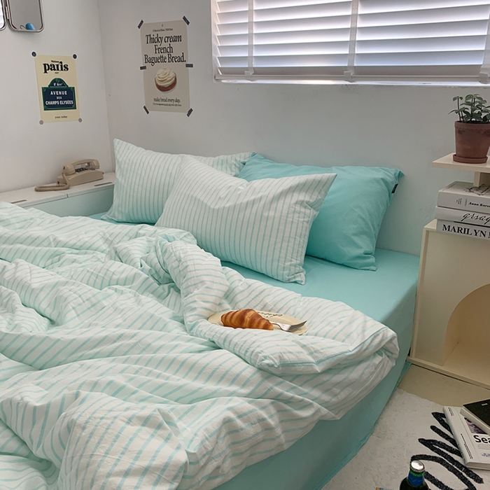 91家纺网 家纺一手货源 找家纺 柚可家居 2024新款40支全棉色织水洗棉单品系列-四件套 蓝竖条